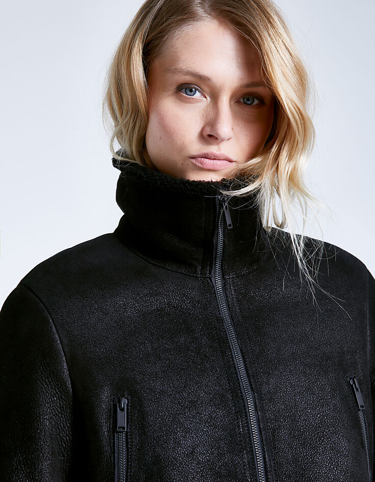 Manteau noir en vraie peau retournée zippée Femme-1