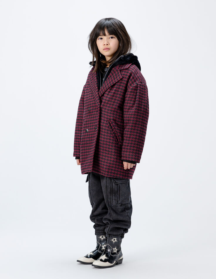 Girls’ black check coat with hooded facing-10