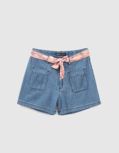 Mädchen-Jeansshorts Bio, Gürtel, psychedelische Blumen - IKKS