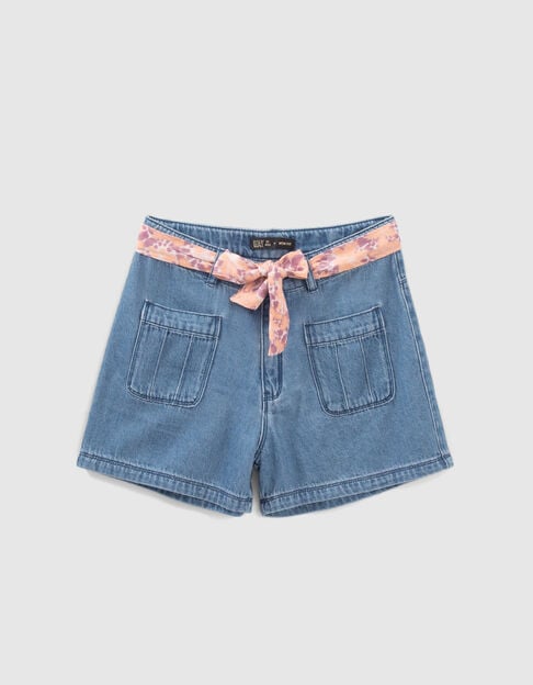 Short en jean bio ceinture fleurs psychédéliques fille