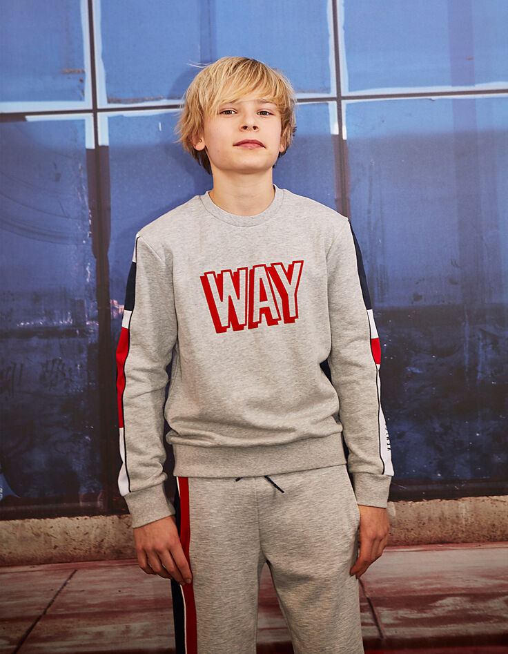 Sweat gris chiné moyen WAY velours rouge garçon -1