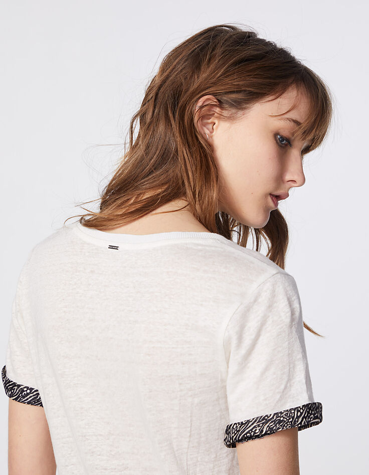 Tee-shirt en lin blanc cassé revers manche zèbre femme -5