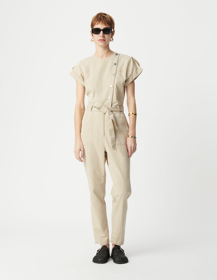 Women's beige jumpsuit with asymmetrical closure-1