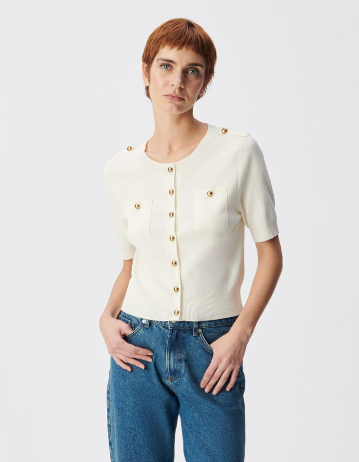 Cardigan manches courtes blanc tricot deux poches Femme-2