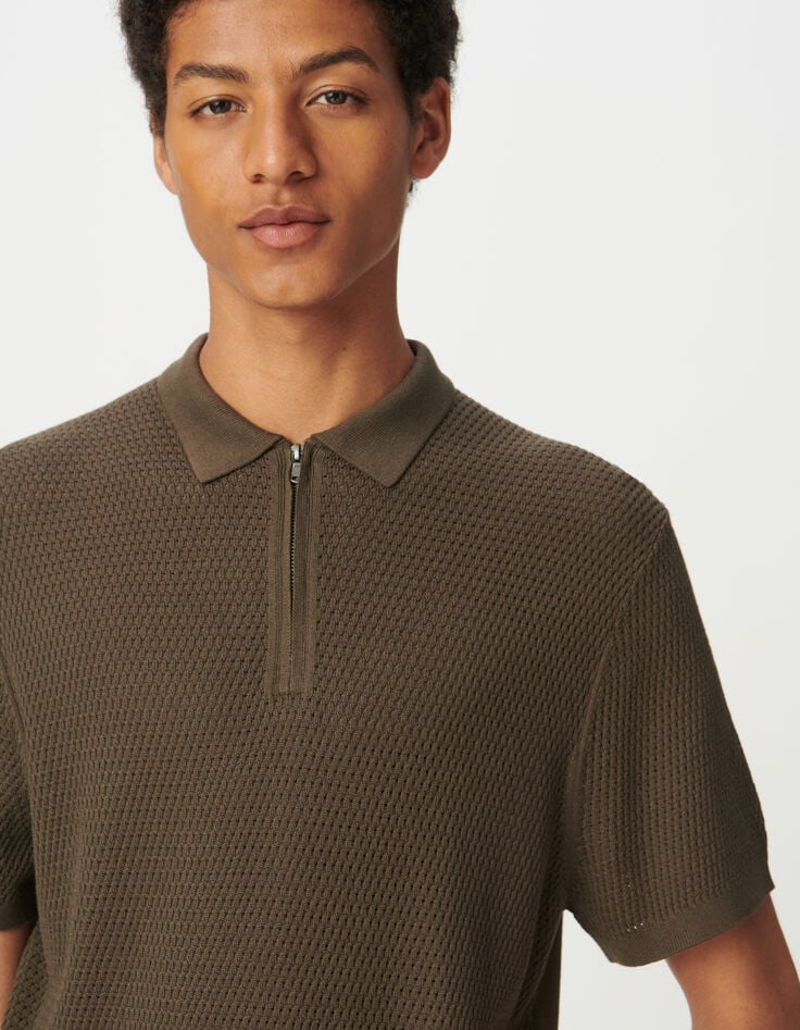 Polo manga corta caqui punto calado hombre-5 Polo manga corta caqui punto calado hombre-5