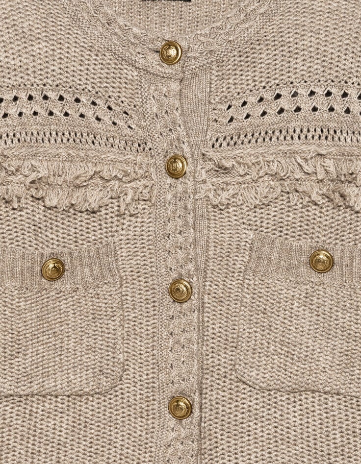 Women’s beige knit cardigan, fringed details, gold buttons-7 Women’s beige knit cardigan, fringed details, gold buttons-7