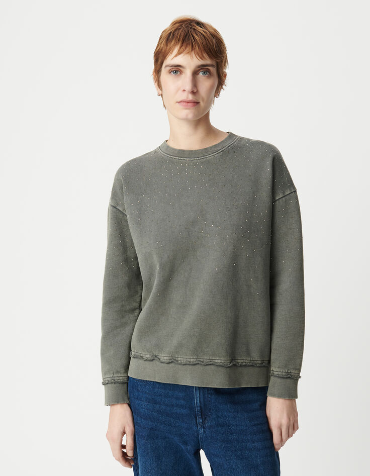 Sweat gris loose molleton décor clous Femme-2