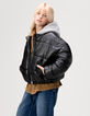 Girls’ black short padded jacket, sweatshirt fabric hood-1