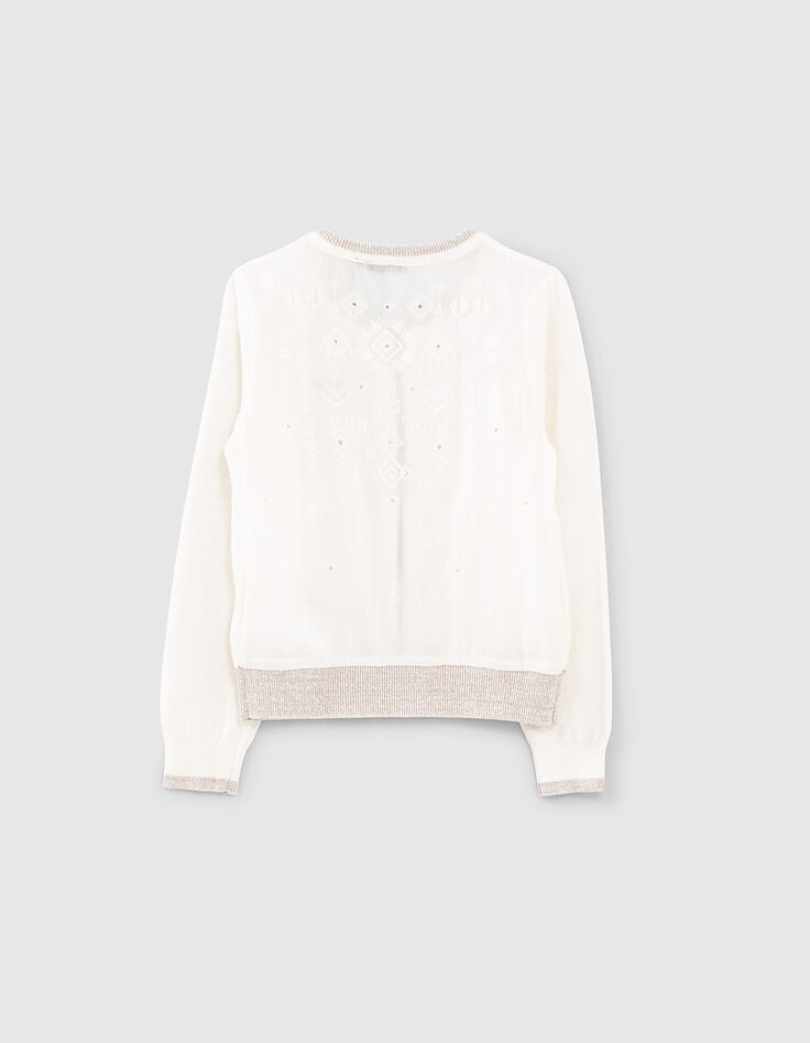 Cardigan blanc cassé bi matière brodé dos fille-4