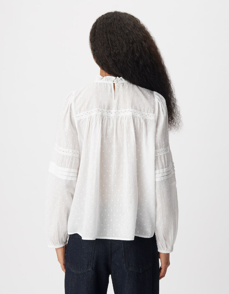 Blusa blanca de jacquard y encaje para mujer-3