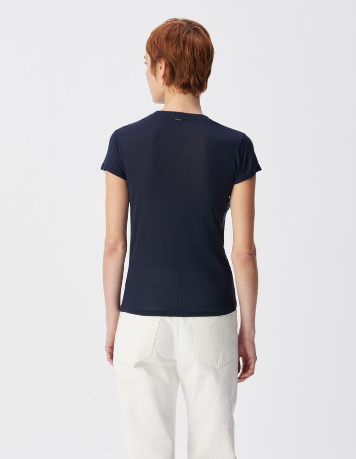 Tee-shirt manches courtes marine fronces c&ocirc;t&eacute;s Femme-3