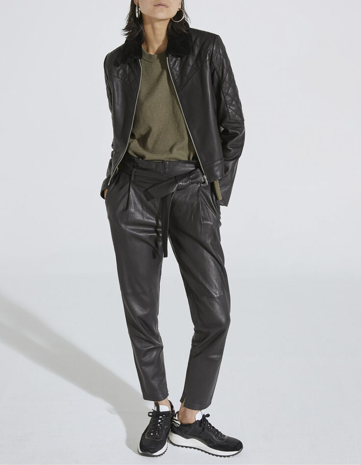 Women’s black quilted leather jacket with sheepskin collar-1