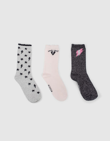 Girls’ grey marl rock motif/pink socks
