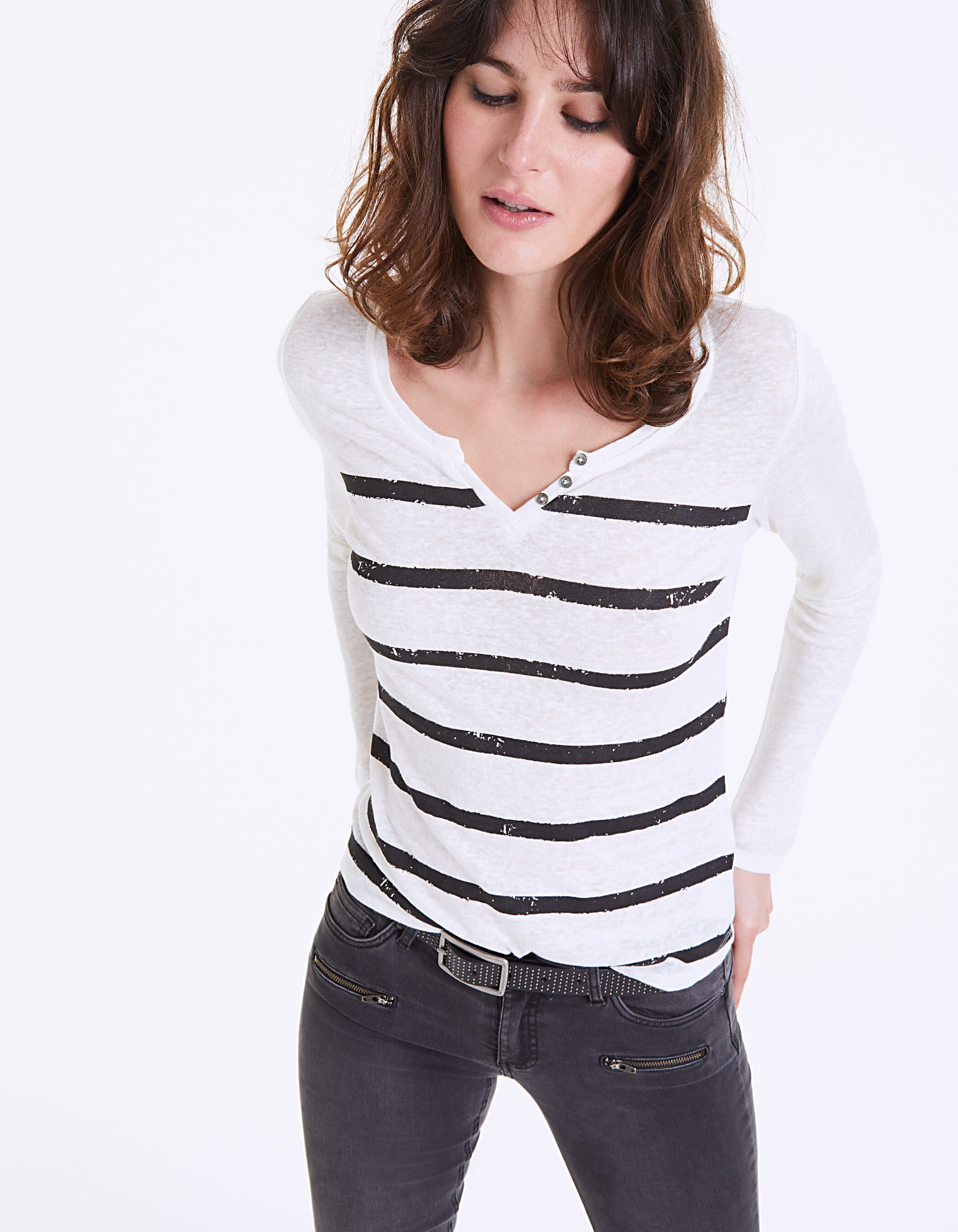 Women s linen V neck sailor T shirt