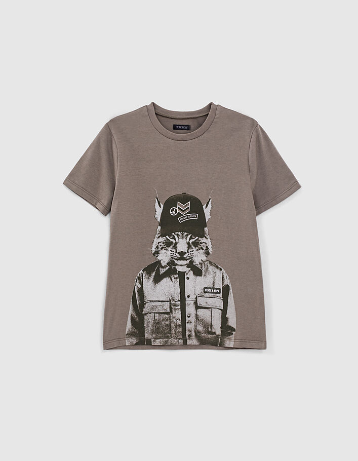 Jungen-T-Shirt mit Luchs-Mützen-Motiv in dunklem Khaki  - IKKS