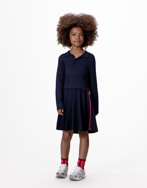 Girls’ navy knit pleated long-sleeved dress - IKKS