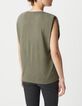 Tee-shirt col V kaki broderie tigre Femme-3
