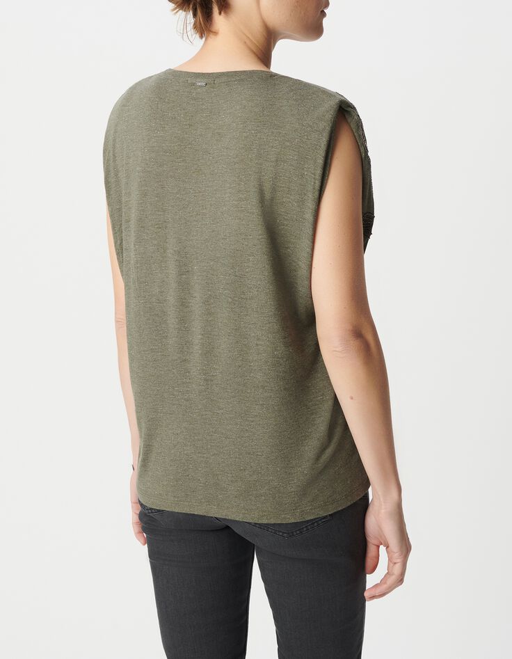 Tee-shirt col V kaki broderie tigre Femme-3