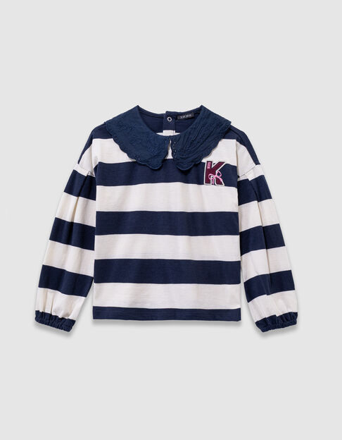 T-shirt marinière marine rayé écru col brodé fille - IKKS