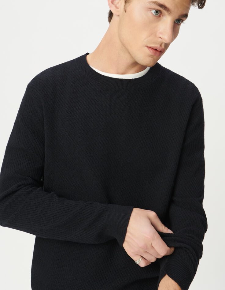 Pull marine tricot relief col rond Homme-4