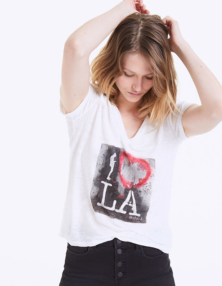 Weißes Damen-T-Shirt aus Leinen mit I love LA-Schriftzug-2