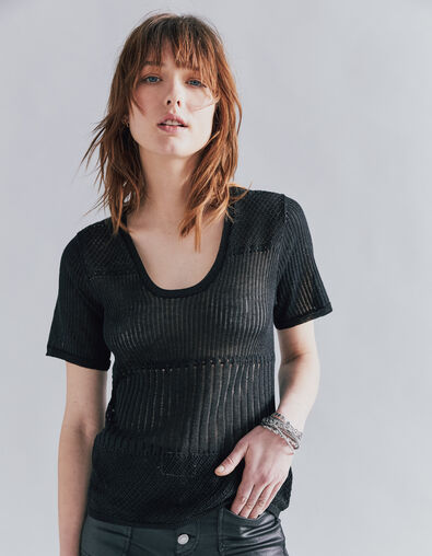 Pull noir métalisé manches courtes maille ajourée femme - IKKS