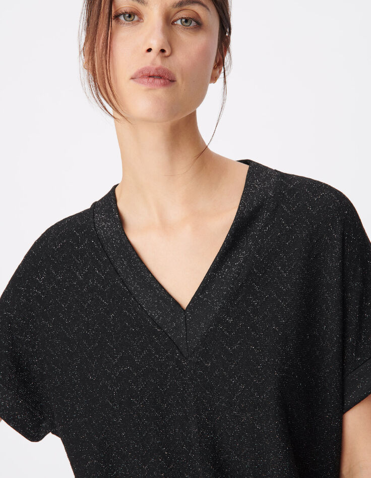 Tee-shirt col V noir lurex maille fantaisie Femme-5
