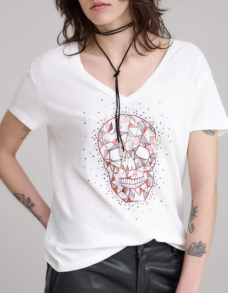 Wit T-shirt doodshoofdopdruk en studs Dames-5