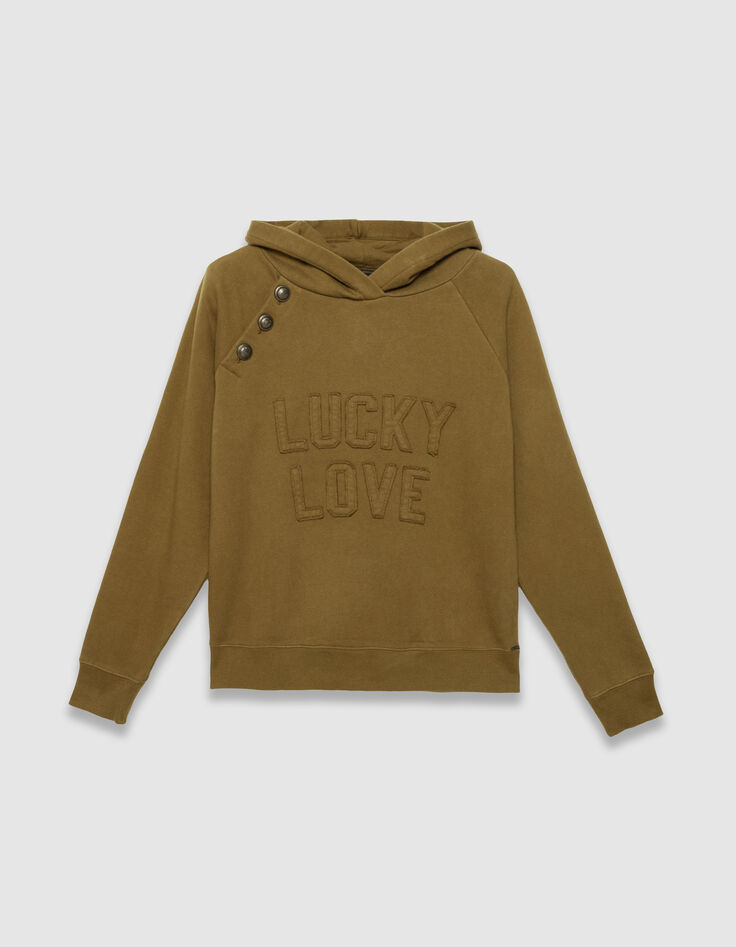 Women’s khaki organic cotton hoodie, buttons and slogan-5