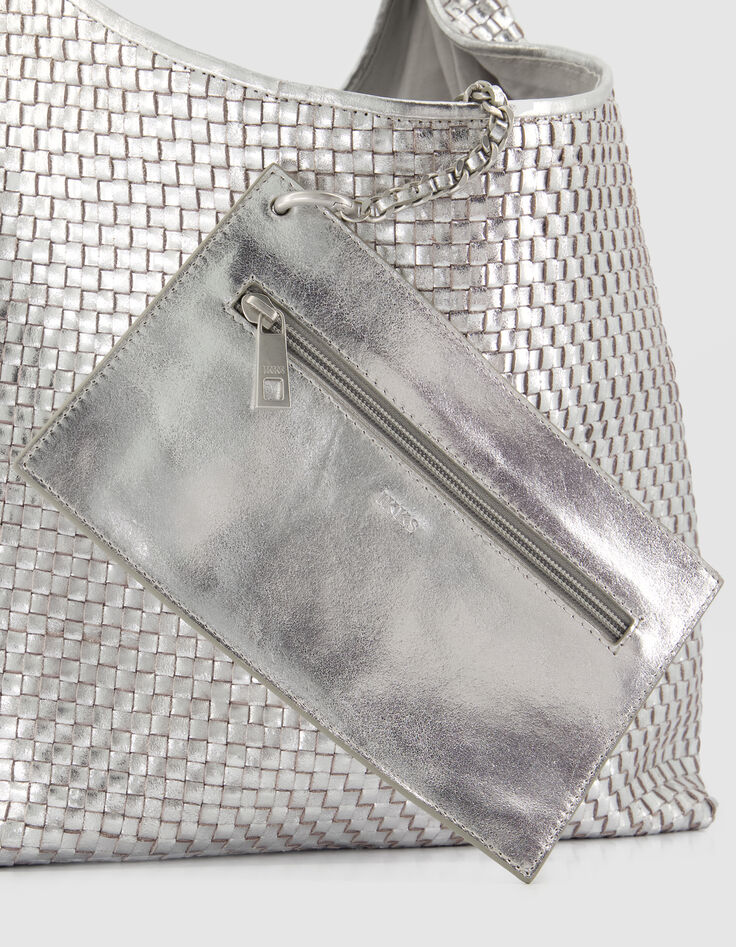 Sac Hobo argent&eacute; cuir tress&eacute; Taille L Femme-4