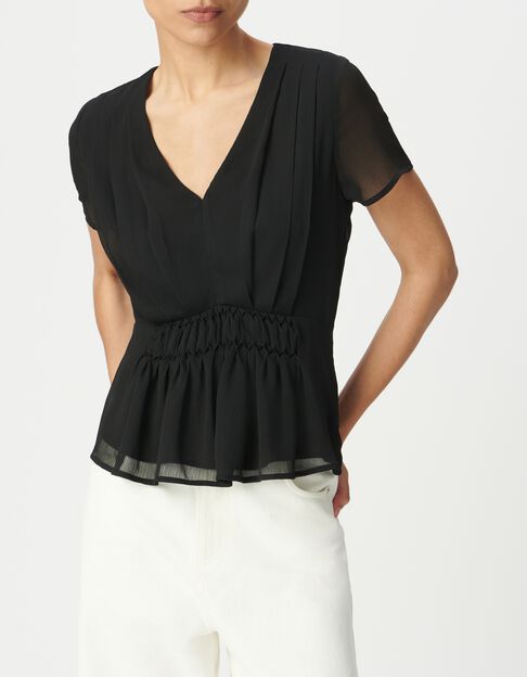 Top noir &agrave; smocks manches courtes - IKKS