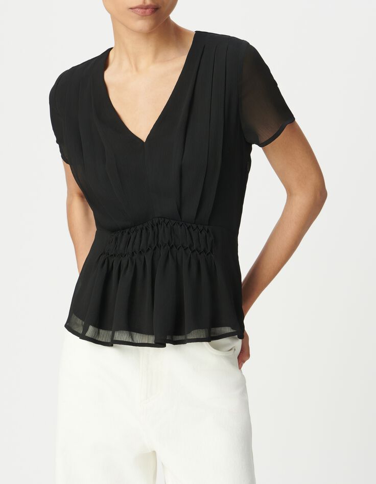 Top noir &agrave; smocks manches courtes-1