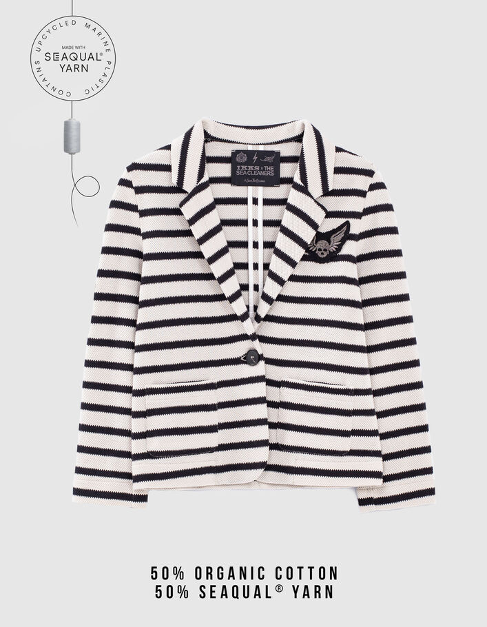 Girls’ ecru sailor jacket with black stripes and badges-1