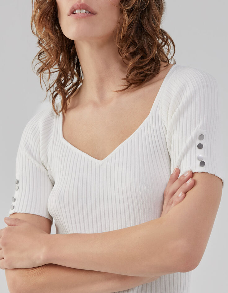 Pull blanc cassé en tricot côtelé à col carré en V Femme-2