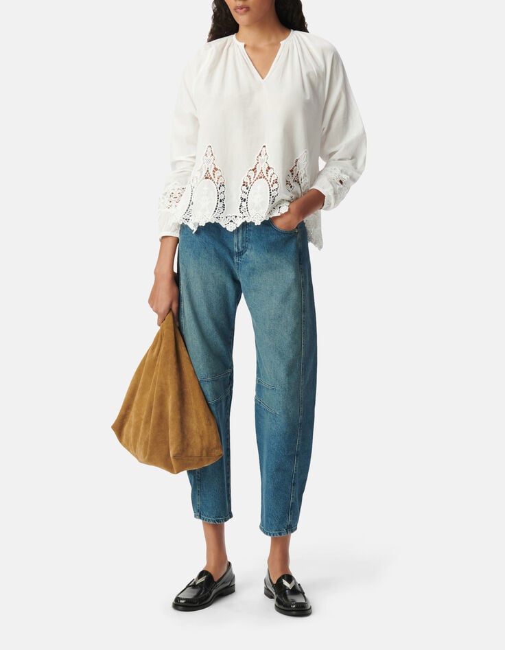 Locker sitzende wei&szlig;e Bluse mit Spitzenstickerei Damen-4