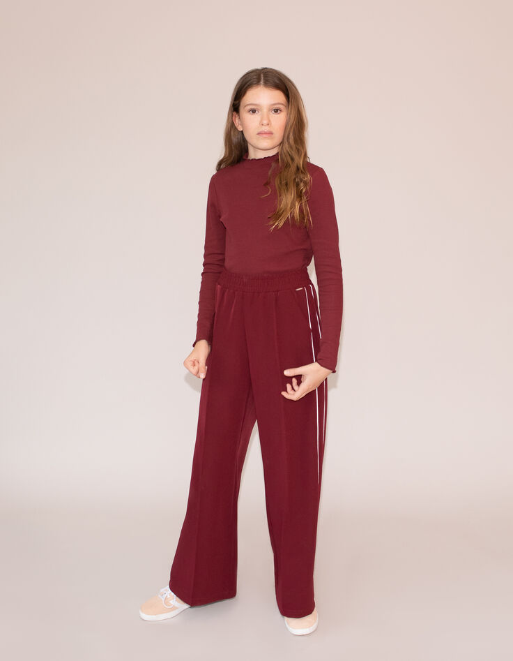 Wide-leg burgundy pants with ecru bias on girls' sides-1