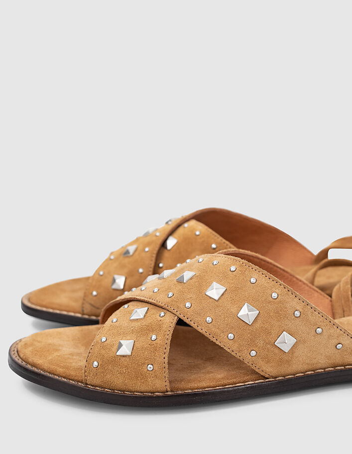 Women's camel studded leather flat laced sandals - IKKS