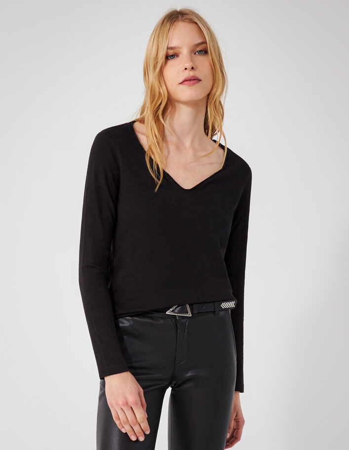 Camiseta algodón ecológico negra manga larga bordado mujer - IKKS