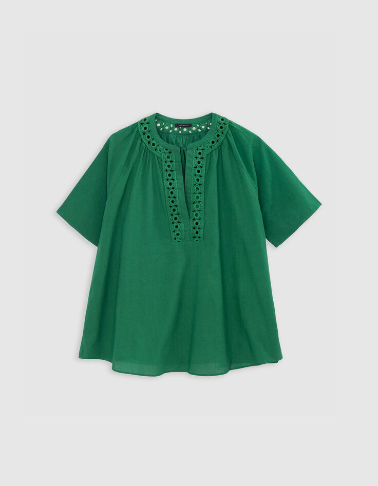 Top ample verte coton bio encolure brod&eacute;e Femme-5