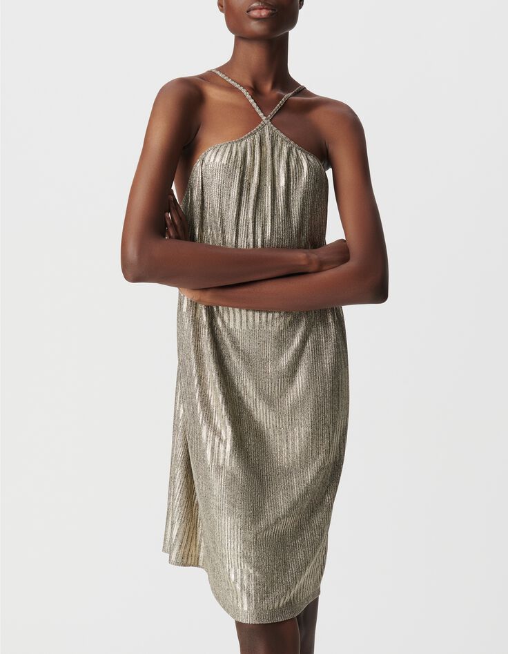 Robe dor&eacute;e maille m&eacute;tallis&eacute;e c&ocirc;tel&eacute;e Femme-2