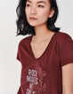 Tee-shirt grenat en coton flammé message pailleté femme-1