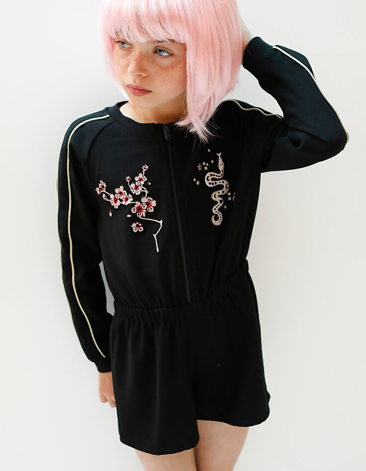 Combi-short noir esprit bomber avec broderies fille-1