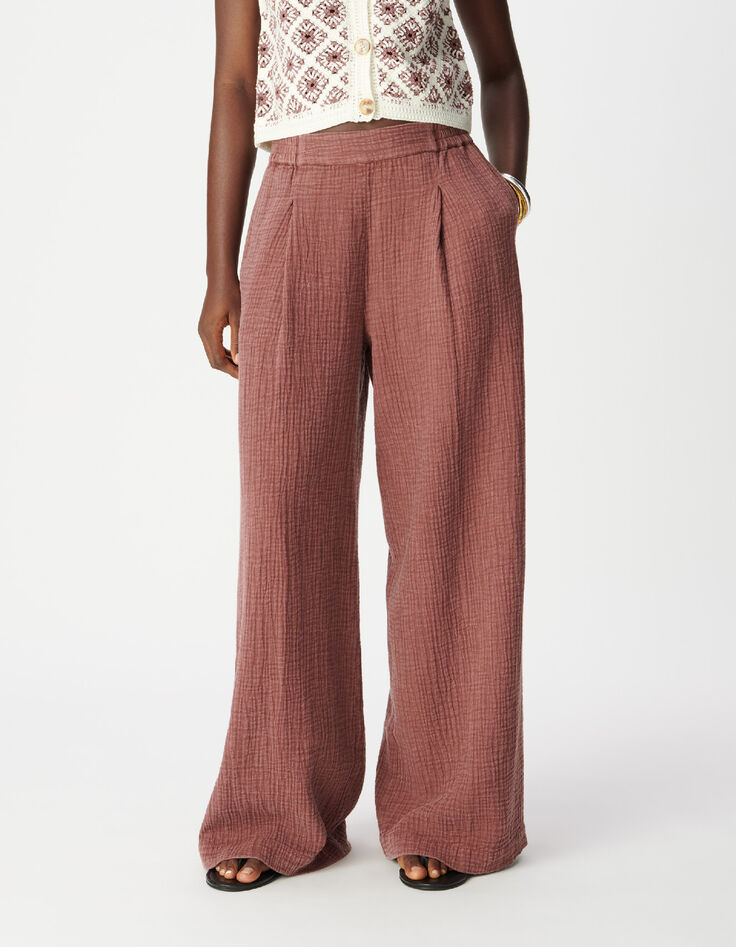 Pantalon large bordeaux gaze de coton Femme-3
