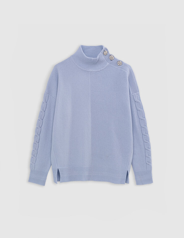 Damen himmelblauer Stehkragen-Strickpullover mit Strasskn&ouml;pfen-6