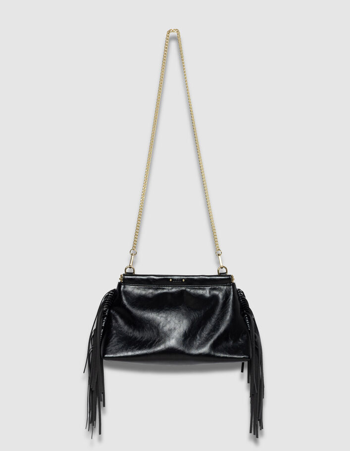 Sac pochette noir cuir glacé avec franges Femme