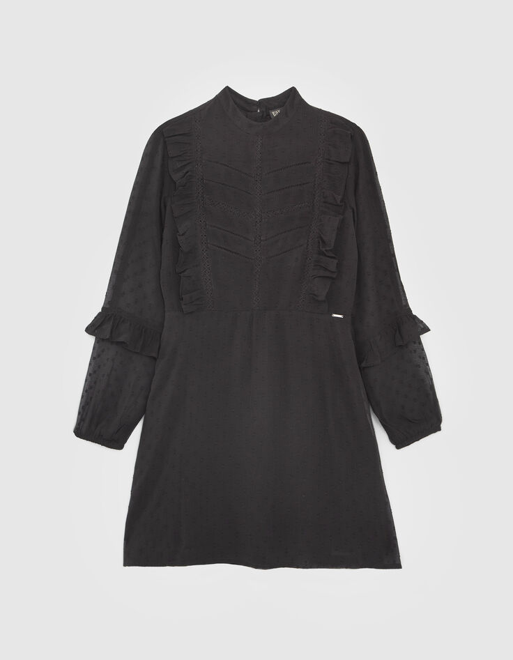 Girls&rsquo; black dotted Swiss jacquard dress with dickey-1