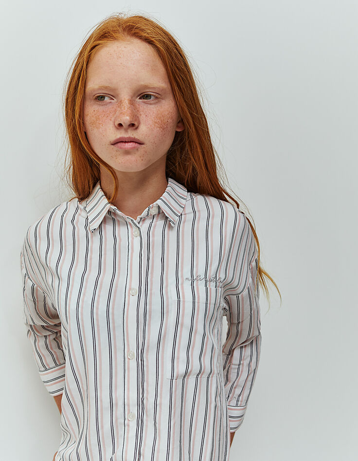 Chemise blanche à rayures marine et rose fille-1