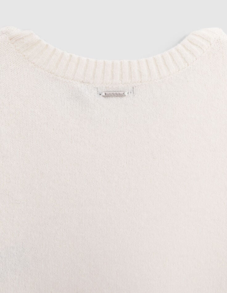 Pull écru tricot cropped broderie message fille-5