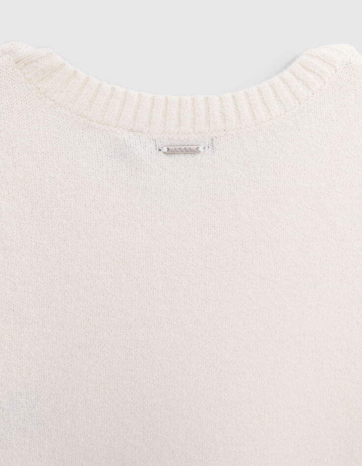 Pull écru tricot cropped broderie message fille-5 Pull écru tricot cropped broderie message fille-5