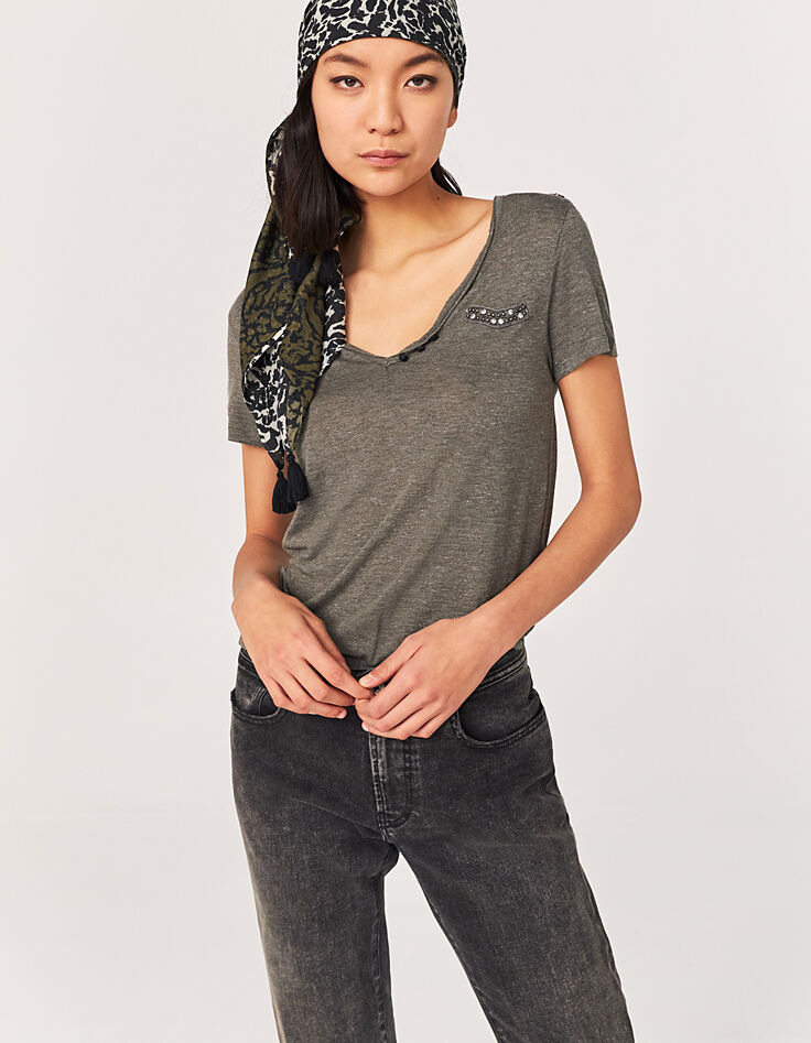 Kaki metallic T-shirt in viscose parels dames-1